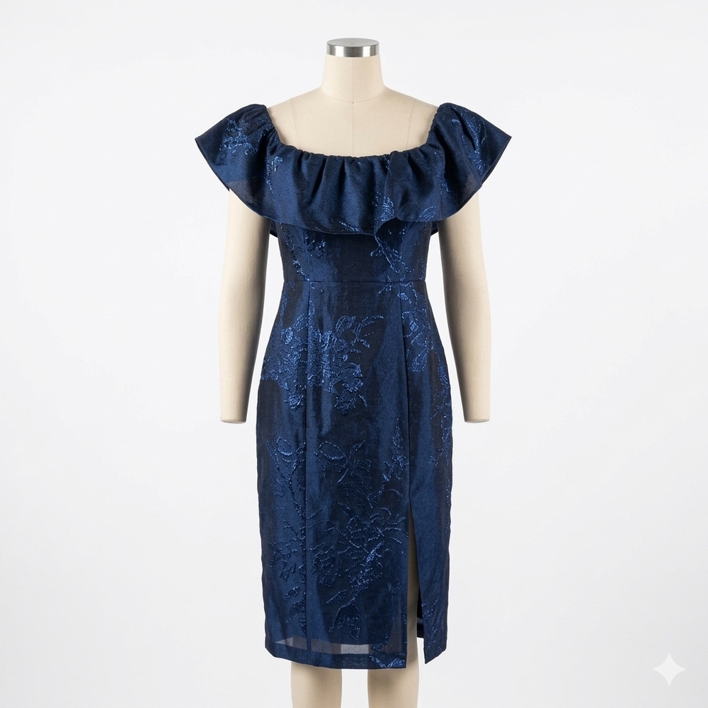 Monique Lhuillier Off The Shoulder Metallic Jacquard Midi Dress Size 14